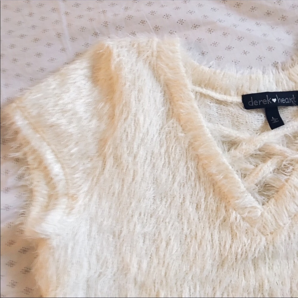 Derek White Fuzzy Criss Cross Neck Top